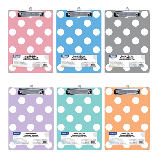 BAZIC PRODUCTS BAZIC Products® Paperboard Clipboard with Low Profile Clip, Standard Size, Carnival Polka Dot Assorted, Pack of 6
