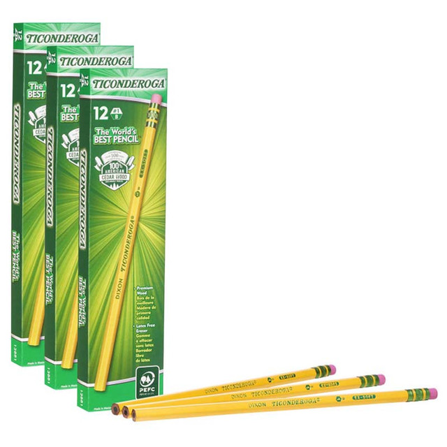 DIXON TICONDEROGA CO Ticonderoga® Original Ticonderoga® Pencils, No. 1 Extra Soft Yellow, Unsharpened, 12 Per Box, 3 Boxes