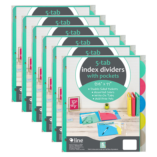 C-LINE PRODUCTS INC C-Line® 5-Tab Poly Index Dividers w/Slant Pocket, Assorted Colors, 5 Per Pack, 6 Packs