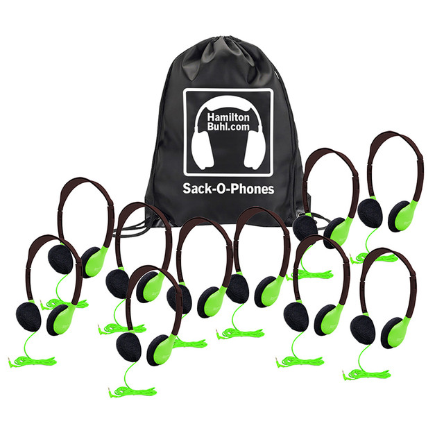 HAMILTON ELECTRONICS VCOM HamiltonBuhl® Sack-O-Phones, 10 Personal Headphones in a Carry Bag, Green