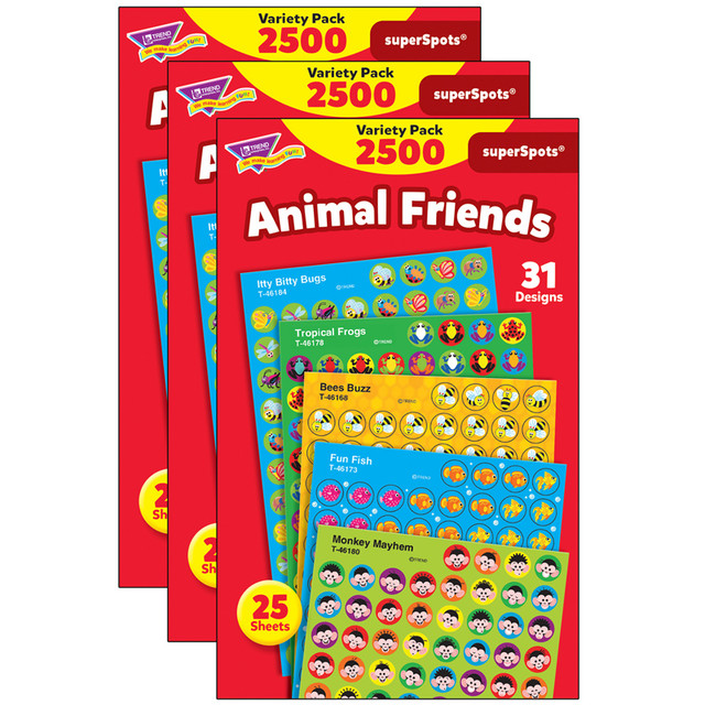 TREND ENTERPRISES INC. TREND Animal Friends superSpots® Stickers Variety Pack, 2500 Per Pack, 3 Packs