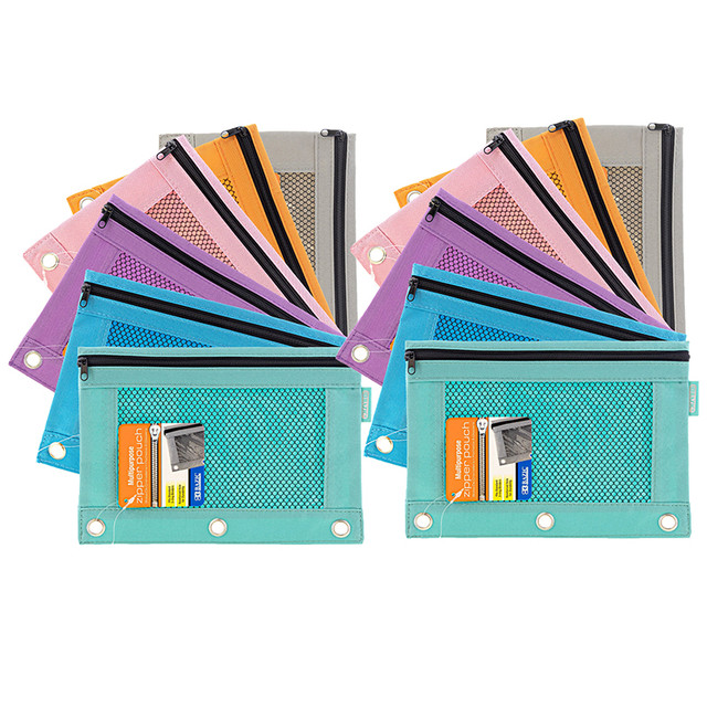 BAZIC PRODUCTS BAZIC Products® 3-Ring Pencil Pouch with Mesh Window, Retro Pastel Colors, Pack of 12