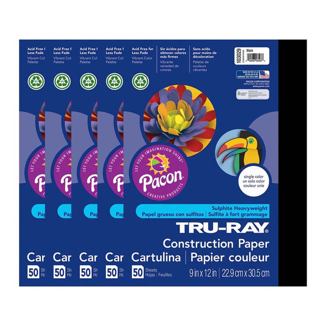 DIXON TICONDEROGA CO Tru-Ray® Construction Paper, Black, 9" x 12", 50 Sheets Per Pack, 5 Packs