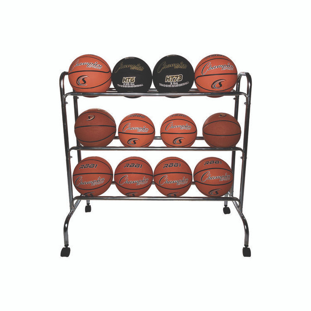 CHAMPION SPORT Sports BRC3 Powder-Coated Ball Cart, Metal, 132 lb Capacity, 17 x 41 x 41, Silver