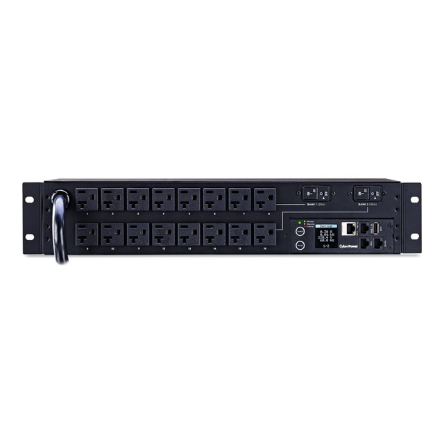 The CyberPower PDU31003, a 16-outlet (front), 2U rackmount monitored power distribution unit (PDU), provides 120V 30A output. PDU31003 distributes power to 16 NEMA 5-20R receptacles from a single twist lock NEMA L5-30P plug with unfiltered electrical pass-through. Monitor power status over the network by using the CyberPower management console and the RJ45 Ethernet port for network connection. Monitor power status locally by using the LCD.