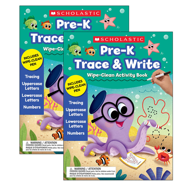 SCHOLASTIC TEACHING RESOURCES Scholastic Teaching Solutions Pre-K Trace & Write Wipe-Clean Activity Book with Pen, Pack of 2