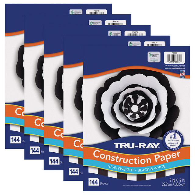DIXON TICONDEROGA CO Tru-Ray® Premium Construction Paper, Black & White, 9" x 12", 144 Sheets Per Pack, 5 Packs