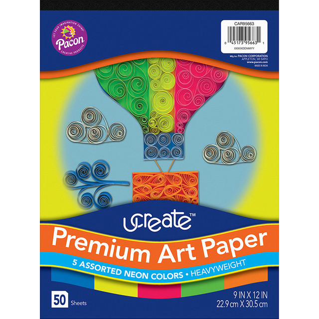 DIXON TICONDEROGA CO UCreate® Premium Neon Art Paper Pad, 5 Assorted Colors, 9" x 12", 50 Sheets