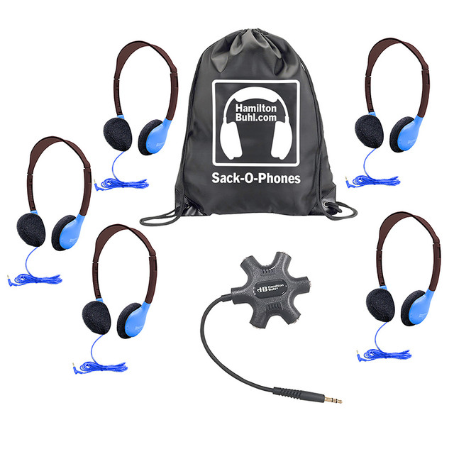 HAMILTON ELECTRONICS VCOM HamiltonBuhl® Galaxy™ Econo-Line of Sack-O-Phones with 5 Blue Personal-Sized Headphones, Starfish Jackbox and Carry Bag