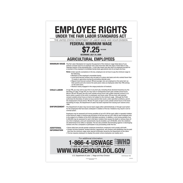 TAX FORMS PRINTING, INC. E2144 ComplyRight Federal Specialty Posters, Agricultural Minimum Wage, English, 11in x 17in