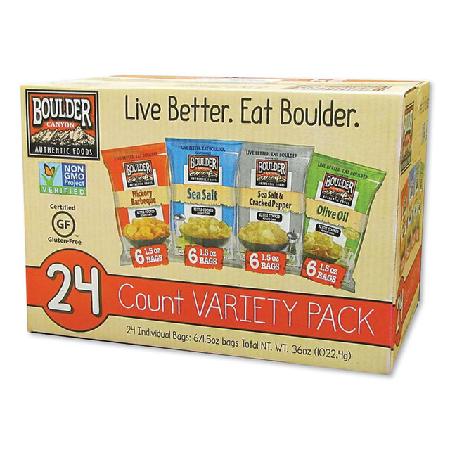 UTZ Boulder Canyon® PBR12283 Chips Variety Pack, Hickory Barbeque, Sea Salt, Sea Salt and Cracked Pepper, Olive Oil, 1.5 oz, 24/Carton