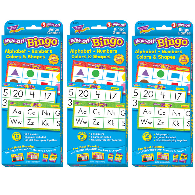 TREND ENTERPRISES INC. TREND Alphabets, Number, Shapes and Colors Wipe-Off Bingo Cards, 3 Packs