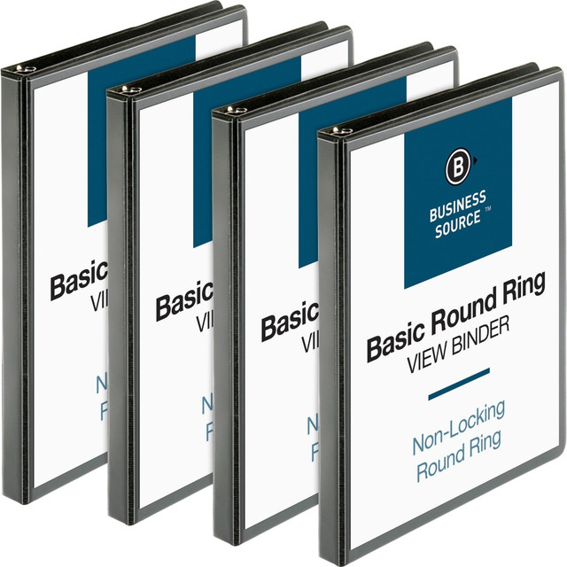 BUSINESS SOURCE 09950BD RounD-Ring View Binder, 1/2in Ring, 8 1/2in x 11in, Black, Pack Of 4 BUSINESS SOURCE 09950BD RounD-Ring View Binder, 1/2in Ring, 8 1/2in x 11in, Black, Pack Of 4