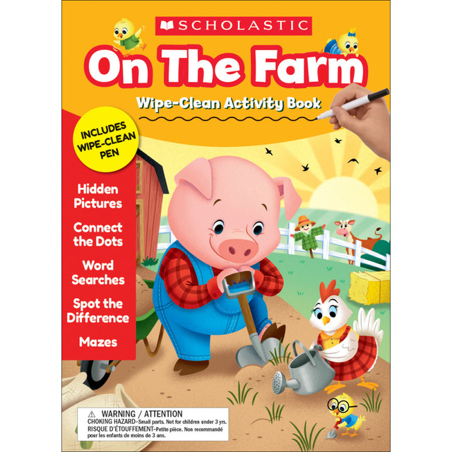 Kids can play and learn with the Scholastic On the Farm Wipe-Clean Activity Book. This activity book teaches valuable skills and can be used over and over again.  Helps kids develop valuable skills, such as letter, number and word recognition.  Mazes, connect-the-dots, word searches, hidden pictures and other activities help keep youngsters engaged.  Pages wipe clean with ease.
