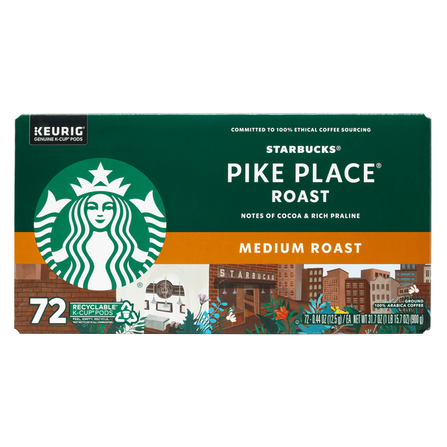 Enjoy a flavorful cup of coffee with the Starbucks Pike Place Roast Medium Roast K-Cup Pods. These pods work with your Keurig Single-Cup Brewing System and provide a bold, medium roast to satisfy your coffee craving.  Offers a delicious medium roast to provide a rich balance of cocoa and toasted nut flavors.  Designed for use with the Keurig Single-Cup Brewing System.
