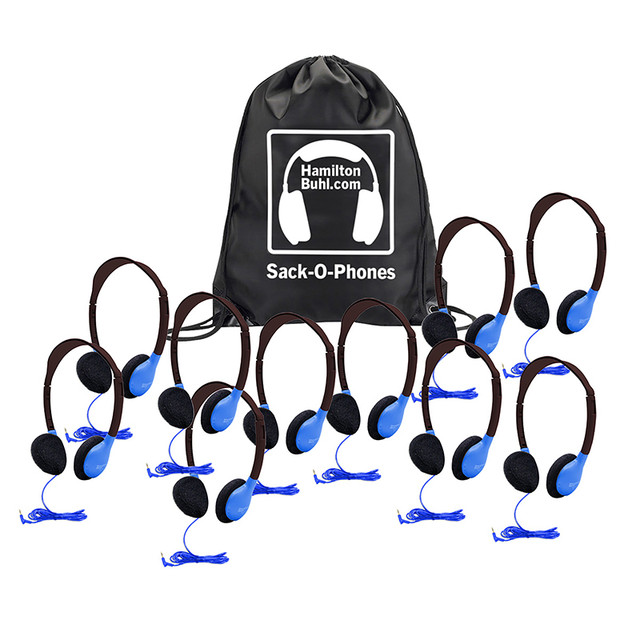 HAMILTON ELECTRONICS VCOM HamiltonBuhl® Sack-O-Phones, 10 Personal Headphones in a Carry Bag, Blue