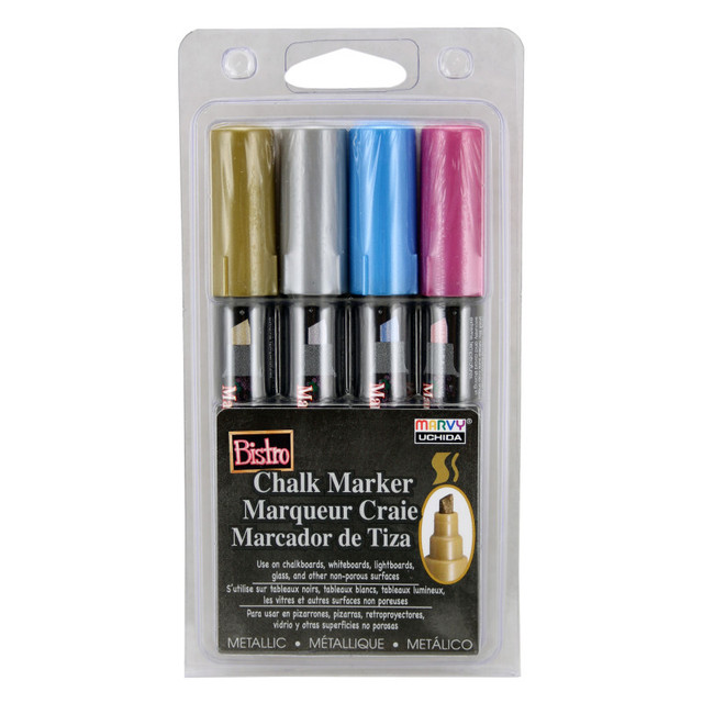 UCHIDA OF AMERICA, CORP Marvy Uchida® Bistro Chalk Markers, Chisel Tip, 4-Color Set, Silver, Gold, Blue, Red