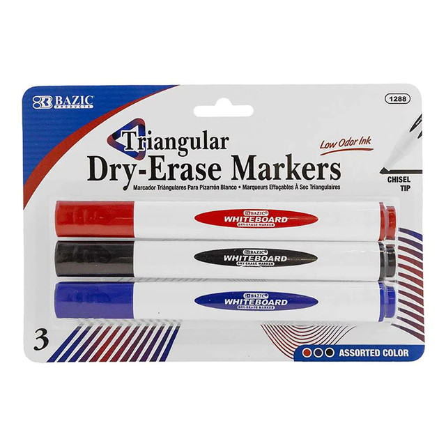 BAZIC PRODUCTS BAZIC Products® Triangle Dry-Erase Markers, Chisel Tip, Assorted Colors, Pack of 3