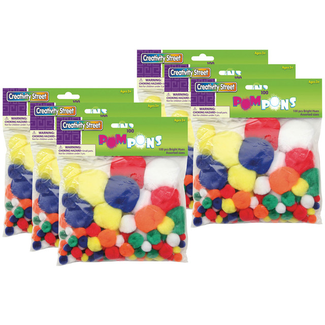 DIXON TICONDEROGA CO Creativity Street® Pom Pons, Bright Hues, Assorted Sizes, 100 Per Pack, 6 Packs