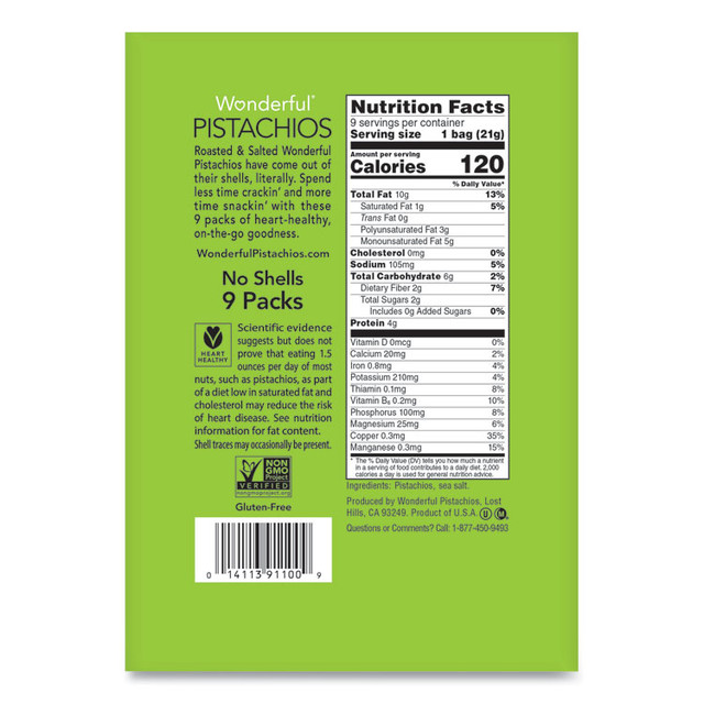 PARAMOUNT FARMS INC. PAR91100 Wonderful No Shells Pistachios, Roasted and Salted, 0.75 oz Bag, 9 Bags/Box, 4 Boxes/Carton