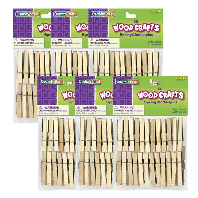 DIXON TICONDEROGA CO Creativity Street® Spring Clothespins, Natural, Extra-Large, 3-3/8", 50 Per Pack, 6 Packs