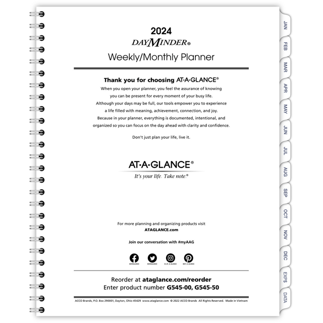 ACCO BRANDS USA, LLC G5455024 2024 AT-A-GLANCE DayMinder Executive Weekly/Monthly Refill For G545, 7in x 8-3/4in, January To December 2024, G54550