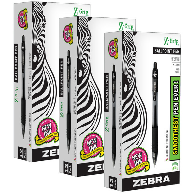 ZEBRA PEN CORPORATION Zebra Pen Z-Grip® Ballpoint Retractable Pen, 1.0mm, Black, 12 Per Pack, 3 Packs