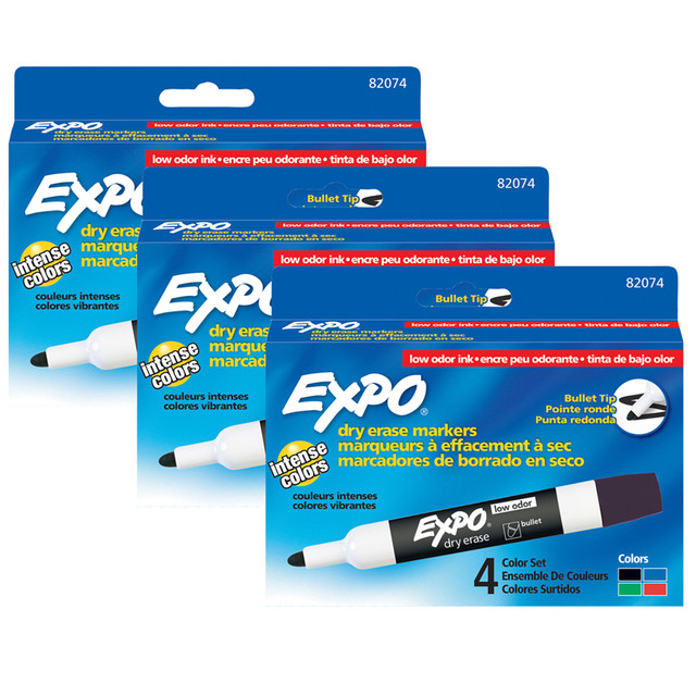 NEWELL BRANDS DISTRIBUTION LLC EXPO® Low Odor Dry Erase Markers, Bullet Tip, Assorted Colors, 4 Per Pack, 3 Packs