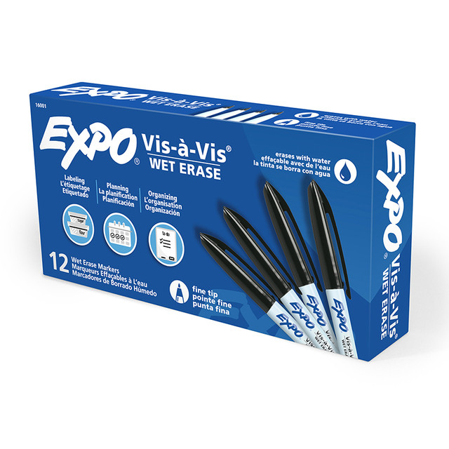 NEWELL BRANDS DISTRIBUTION LLC EXPO® Vis-a-Vis® Wet-Erase Overhead Transparency Markers, Fine Tip, Black, Box of 12