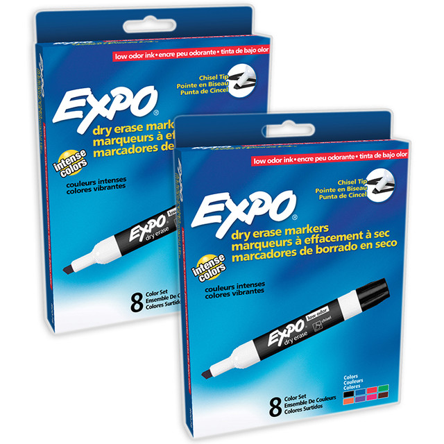 NEWELL BRANDS DISTRIBUTION LLC EXPO® Low-Odor Dry Erase Markers, Chisel Tip, 8 Colors, 8 Per Pack, 2 Packs