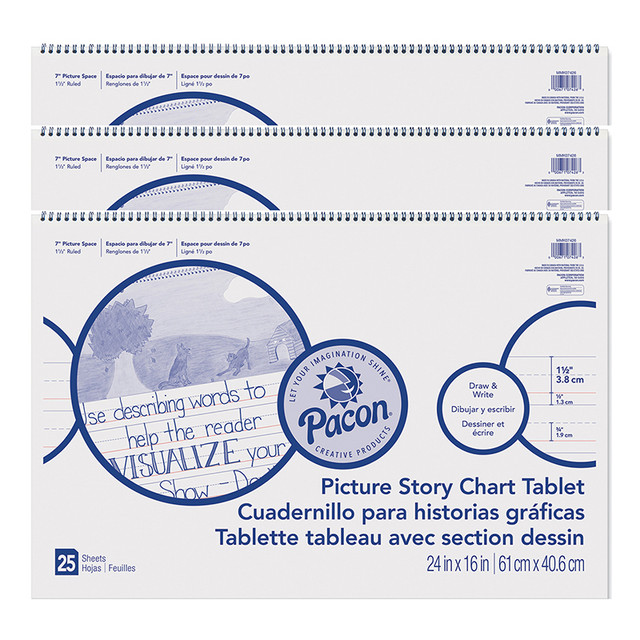 DIXON TICONDEROGA CO Pacon® Picture Story Chart Tablet, White, Ruled Long, 1-1/2" Ruled, 24" x 16", 25 Sheets, Pack of 3