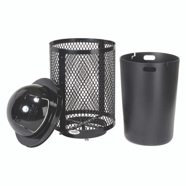 GLOBAL INDUSTRIAL 261948BKD Outdoor Diamond Steel Trash Can with Base, 36 gal, Black