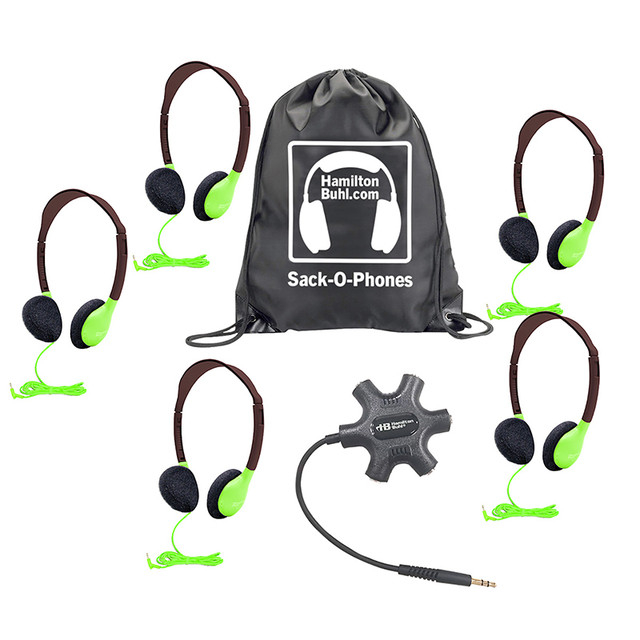 HAMILTON ELECTRONICS VCOM HamiltonBuhl® Galaxy™ Econo-Line of Sack-O-Phones with 5 Green Personal-Sized Headphones, Starfish Jackbox and Carry Bag