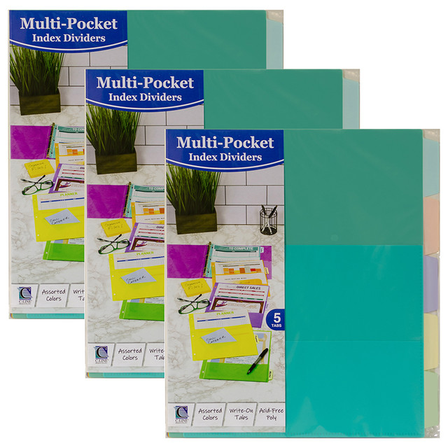 C-LINE PRODUCTS INC C-Line® 5-Tab Index Dividers with Multi-Pockets, Bright Color Assortment, 8-1/2 x 11, 3 Sets