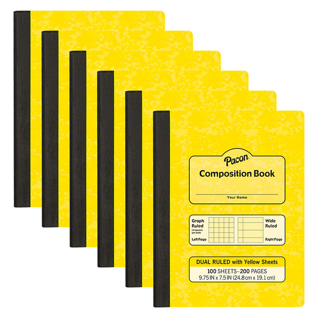 DIXON TICONDEROGA CO Pacon® Dual Ruled Composition Book, Yellow, 1/4 in grid and 3/8 in (wide) 9-3/4" x 7-1/2", 100 Sheets, Pack of 6