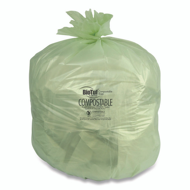 HERITAGE Y8448YER01 Biotuf Compostable Can Liners, 48 gal, 1 mil, 42" x 48", Green, 20 Bags/Roll, 5 Rolls/Carton