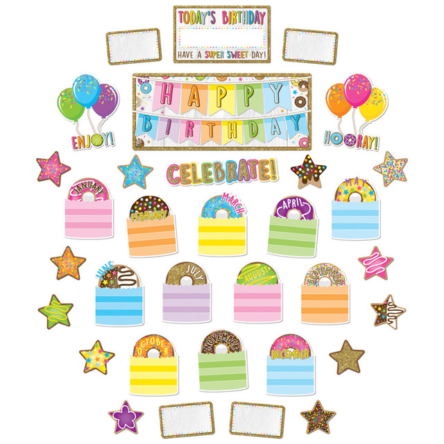 ASHLEY PRODUCTIONS Ashley Productions® Smart Poly® Mini Bulletin Board Set, Birthday Donutfetti Design, 33 Pieces