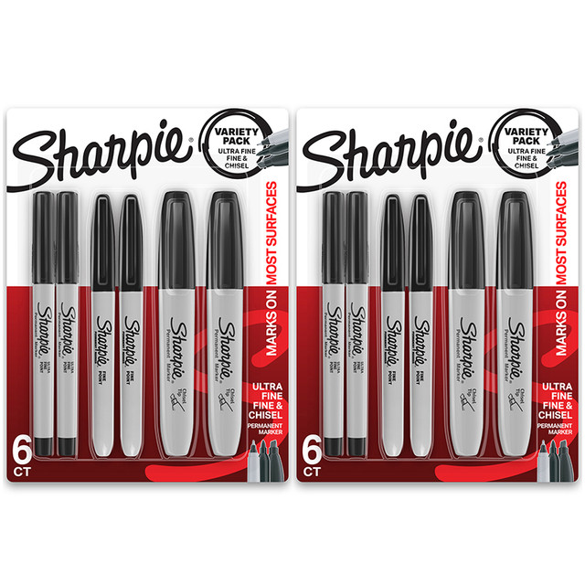 NEWELL BRANDS DISTRIBUTION LLC Sharpie® Permanent Markers Variety Pack, Fine, Ultra-Fine, & Chisel-Point Markers, Black, 6 Per Pack, 2 Packs