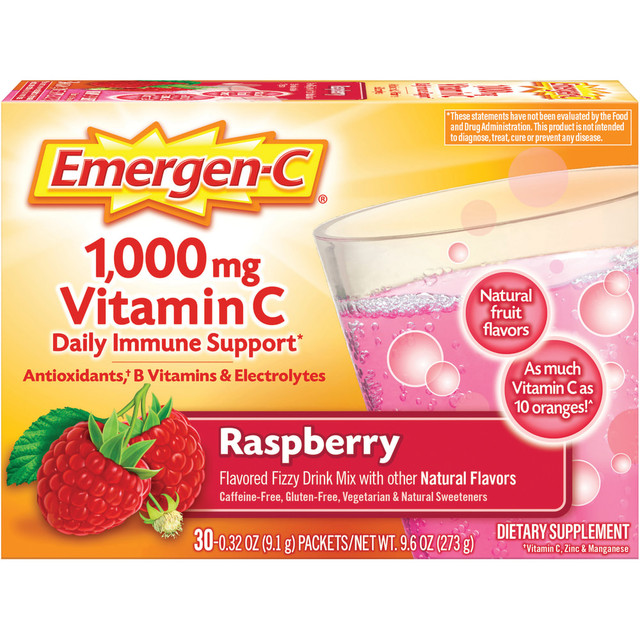 PFIZER CONSUMER HEALTHCARE GKC30201 Emergen-C Vitamin C Drink Mix For Immune Support, 0.32 Oz, Raspberry, Box Of 30 Packs PFIZER CONSUMER HEALTHCARE GKC30201 Emergen-C Vitamin C Drink Mix For Immune Support, 0.32 Oz, Raspberry, Box Of 30 Packs