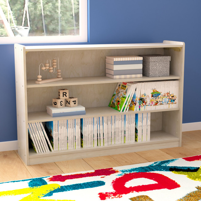Create a fun and interactive learning and play environment with help from the Flash Furniture Bright Beginnings Extra-Wide Commercial Wooden Classroom Open Storage Unit. This storage unit is made of engineered birch plywood to handle everyday use, and its 3 shelves help you keep toys, learning materials, games and more organized.  Engineered birch plywood construction creates a durable and dependable design that resists yellowing, stains and scratches.  3 shelves allow easy organization.  Height makes it accessible for toddlers.  Rounded edges help prevent potential damage.  Weight capacity tested to support up to 100 lb.  Wipe clean with a damp cloth.  Assembly required.  Backed by the manufacturers 3-year limited warranty.
