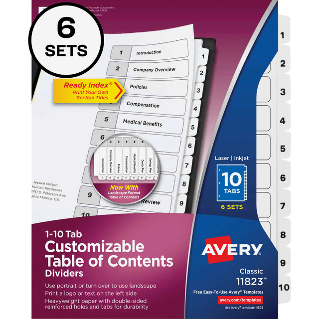 AVERY PRODUCTS CORPORATION 11823 Avery Ready Index Table Of Contents Binder Dividers, 8-1/2in x 11in, White, 10 Tabs Per Pack, Set Of 6 Packs