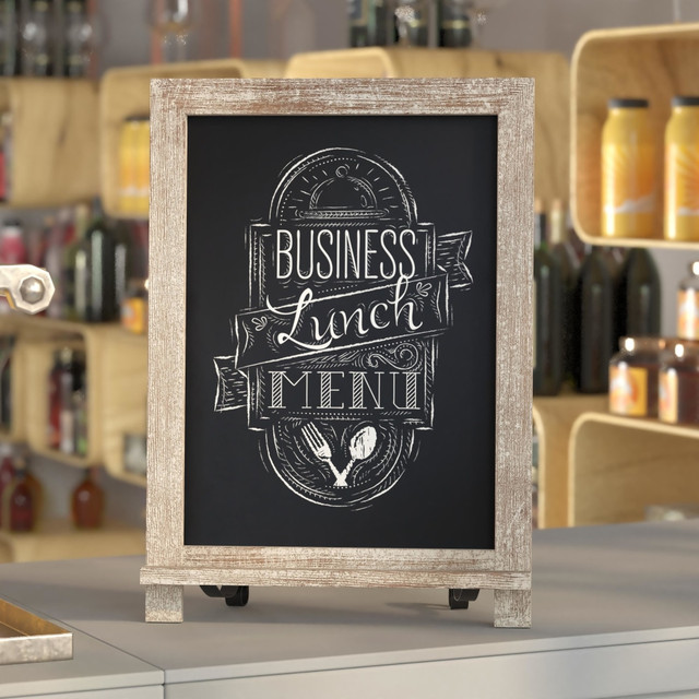 FLASH FURNITURE HFKHDGDI822315 Canterbury Tabletop Magnetic Chalkboard Sign With Scrolled Legs, Porcelain Steel, 17inH x 12inW x 1-7/8inD, Weathered Brown Wood Frame FLASH FURNITURE HFKHDGDI822315 Canterbury Tabletop Magnetic Chalkboard Sign With Scrolled Legs, Porcelain Steel, 17inH x 12inW x 1-7/8inD, Weathered Brown Wood Frame