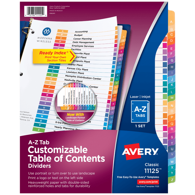 Organize your projects in moments with Avery Ready Index A-Z dividers. Each tab is preprinted and uniquely color coded for a professional appearance. Print your own custom section titles and images onto the table of contents sheet without worrying about labels or inserts. Whether you are creating planners for classes or hosting a presentation, these dividers are ideal for getting everything sorted. Divider sheets measure 8-1/2inx11in. The 3 binder holes are reinforced on both sides of the heavyweight sheet to prevent creasing and tearing. Each divider tab includes additional reinforcement along the edge of each page to distribute stress and resist folding.  Keep track of your tab dividers quickly and easily with the printable table of contents sheet  Add graphics, logos and titles to the table of contents page with free templates at avery.com/templates  26 tabs, A-Z dividers are included with sturdy tab and hole reinforcements on both sides  Multicolor tabs are preprinted and donT require inserts or labels  Versatile design works in either portrait or landscape orientation and is great for project binders and training manuals  Securely insert the 3 hole-punched paper dividers into your favorite 3 ring binder  The page dividers table of contents is both inkjet and laser printer compatible  Stay organized and enjoy a professional binder appearance suitable for any work or home office with the uniquely color-coded tabs  Pack contains 1 set of 26 A-Z dividers  Contains Recycled Content - See Specs for Details.