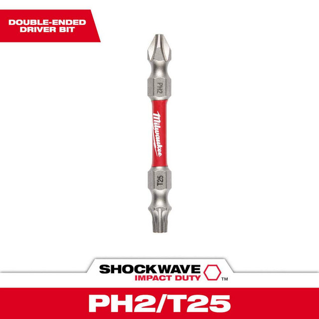 Milwaukee Tool 48-32-4312 Specialty Screwdriver Bits; Style: Impact Power Bit ; End Type: Double End ; Drive Size: 1/4 (Inch); Point Size: PH2/T25 ; Overall Length (Decimal Inch): 2.0000 ; Material: Alloy Steel