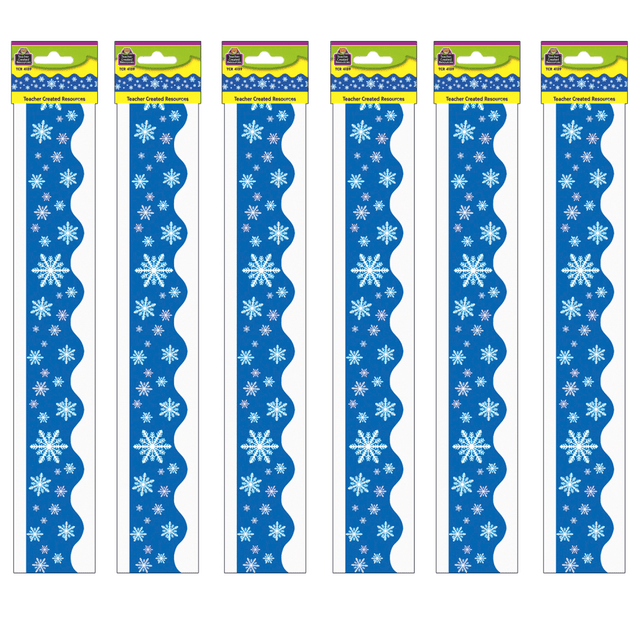 Create a unique bulletin board theme with the Teacher Created Resources Scalloped Border Trim Pack. These vibrant border trim strips are made of acid-free paper and help liven up your classroom.  Scalloped border trim helps liven up any classroom.  Made of acid-free paper.  Creates themes for bulletin boards, walls, windows and projects.  Each pack includes 12 pieces for a total length of 35ft. Sold as 6 packs for a total of 210ft.