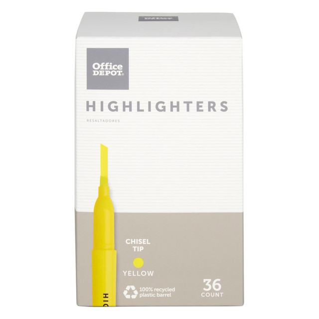 OFFICE DEPOT H-2111B36/YE  Brand Pen-Style Highlighters, Chisel Tip, 100% Recycled Plastic Barrel, Fluorescent Yellow, Pack Of 36