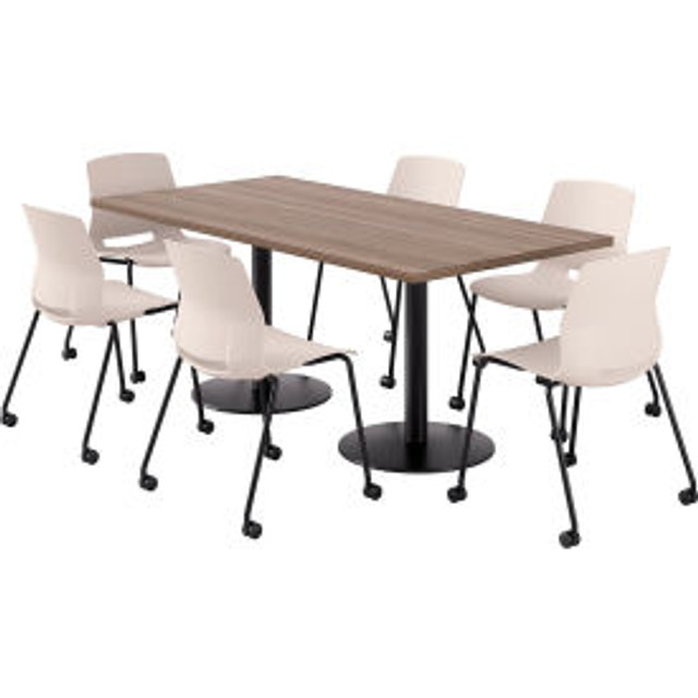 KFI 36"" x 72"" Table with 6 Imme Armless Caster Chairs Moonbeam Seat/Studio Teak Top p/n TFL3672-B1922-BK-7960K-CS2700-BK-P45