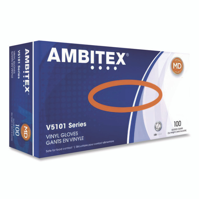 TRADEX INTERNATIONAL AMBITEX® VMD5101 V5101 Series Latex-Free Lightly Powdered Vinyl Gloves, Medium, 3 mil Thick, 9" Long, Clear, 100/Box