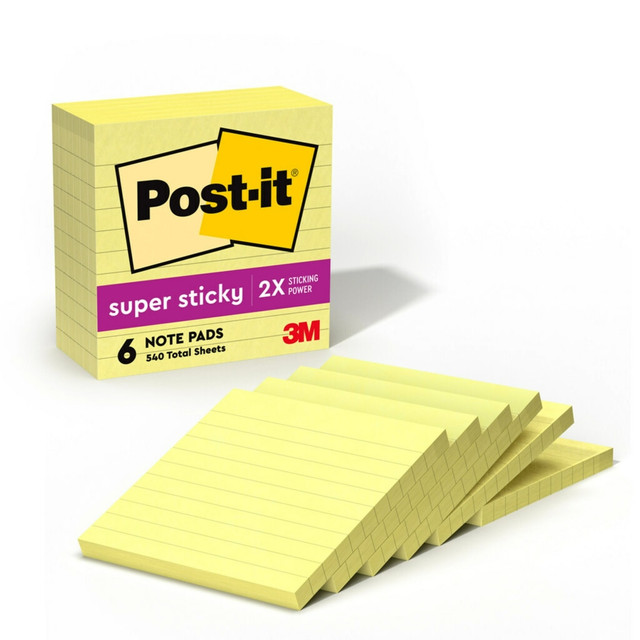 3M CO 675-6SSCY Post-it Super Sticky Notes, 4 in x 4 in, 6 Pads, 90 Sheets/Pad, 2x the Sticking Power, Canary Yellow, Lined