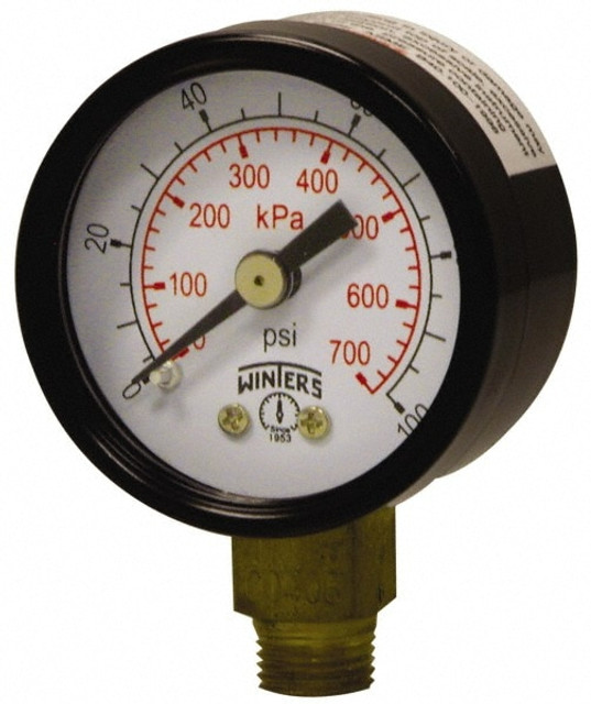 Winters PEM1320 Pressure Gauge: 1-1/2" Dial, 0 to 100 psi, 1/8" Thread, NPT, Lower Mount